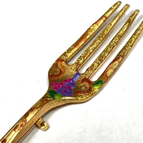 Fork Brooch Art Painted Gold Tone Large Unique Vintage Artisan - Picture 6 of 6